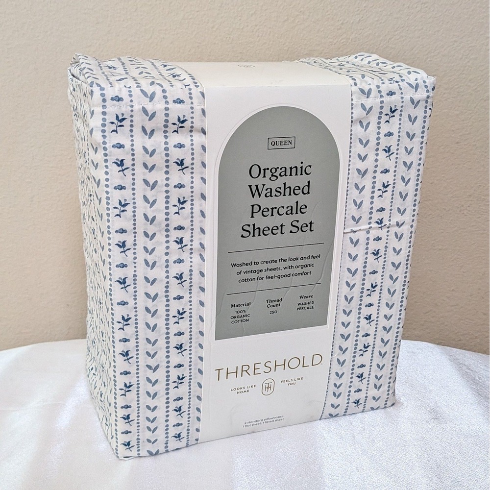 New Threshold Organic Cotton Washed Percale Printed Sheet Set 4-Piece Queen